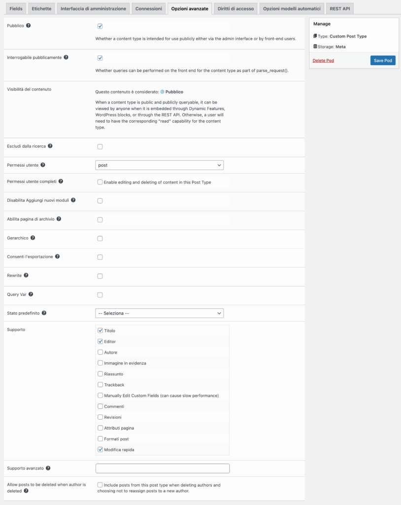 Configurazione opzioni Custom Post di Pods