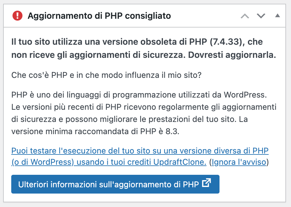 WordPress ha bisogno di manutenzione: aggiornamento php