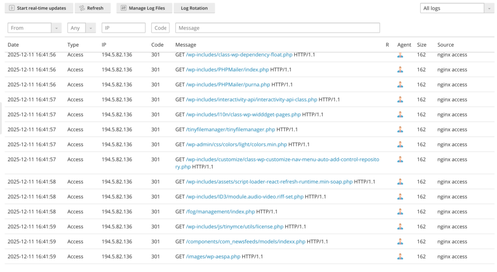 Log del server con i tentativi di accesso.